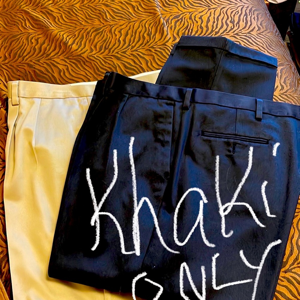 Dockers (khaki only) dress slacks. 44 waist, 30 length. Cuffed. Poly/cotton.